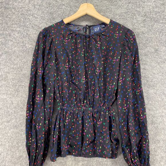 Gap Blouse Women S Small Black Geometric Elastic Waist Rounnd Neck Long Sleeve - Picture 3 of 10